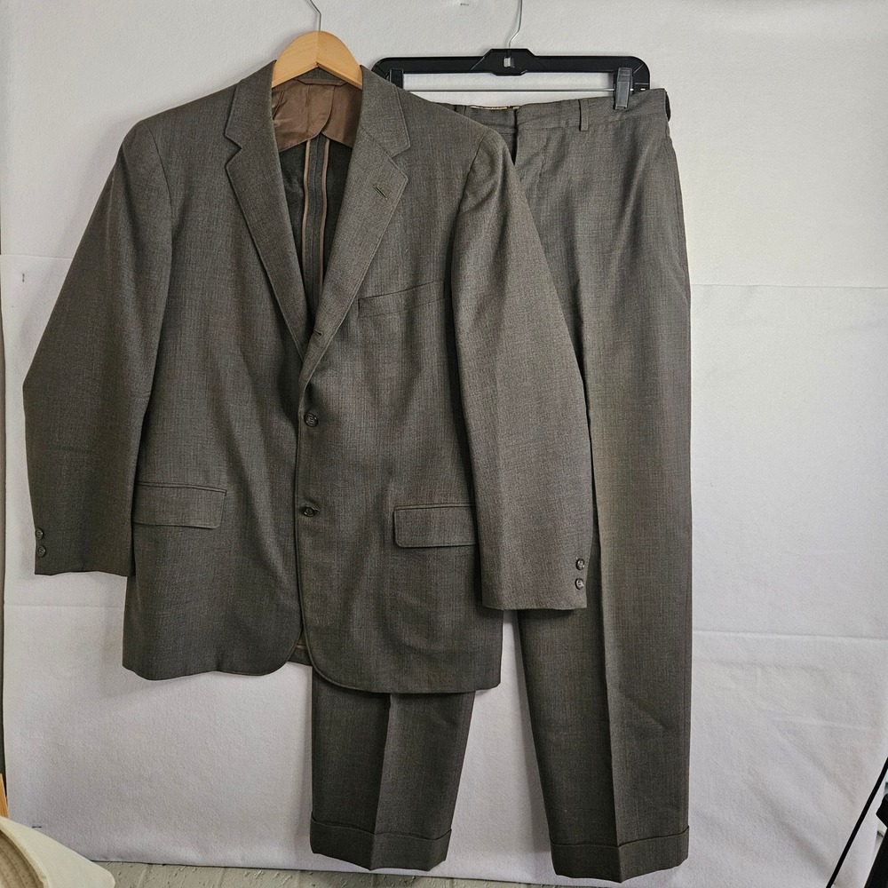 Vintage George J Good Hickey Freeman‎ Brown Textured Wool 3 Button Suit 44R 31W